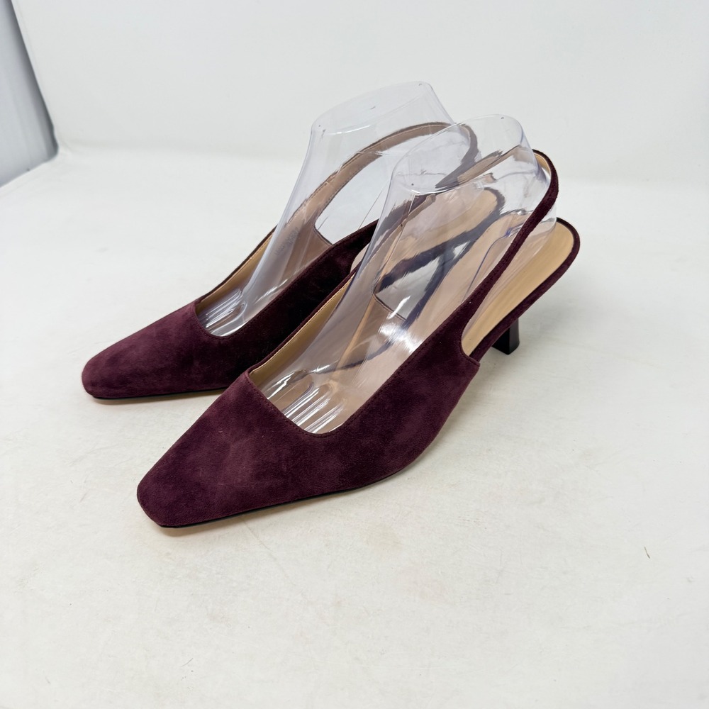 Ann Taylor Slingback Heels Burgundy 7.5 Suede Pointed Toe Kitten Heel Chic